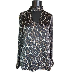 Trina Turk Leopard Highneck Long Sleeve Blouse Small
